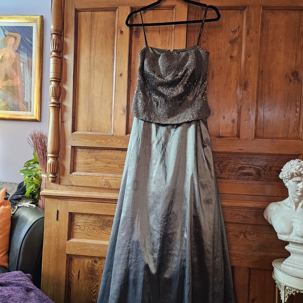JOVANI Elegant Pewter Satin Gown With Beautiful Detailed Beading Size 18